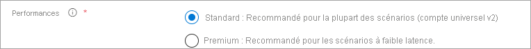 Capture d’écran de la case d’option Performances avec la sélection de Standard, et la sélection de storagev2 pour le Type de compte.