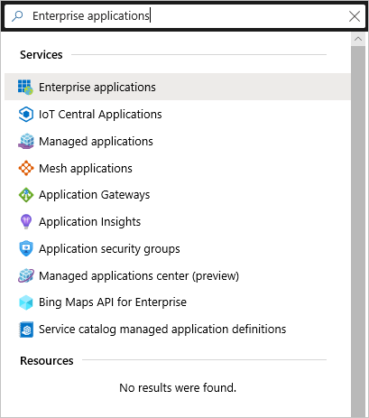 Capture d’écran montrant la recherche d’applications d’entreprise dans le portail Azure