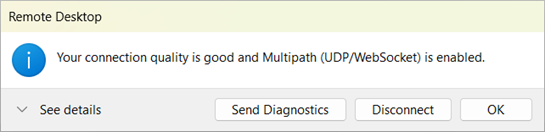 Capture d’écran des informations de connexion montrant que RDP Multipath est activé.