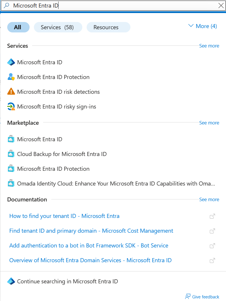 Capture d’écran des résultats de la recherche pour « Microsoft Entra ID » dans le portail Azure. Résultat de la recherche sous « Services » mis en surbrillance.