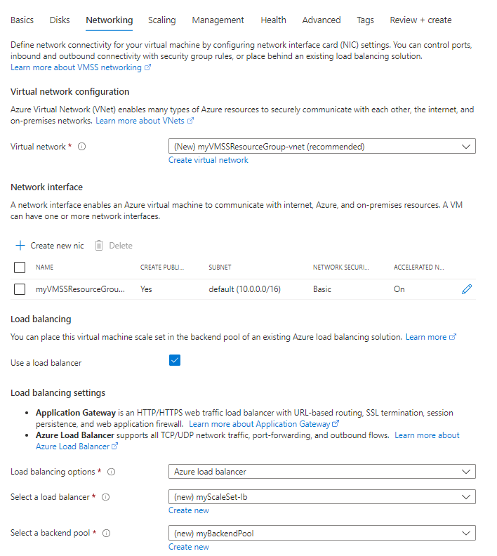 Capture d’écran de l’onglet Mise en réseau dans le Portail Azure pendant le processus de création du groupe de machines virtuelles identiques.