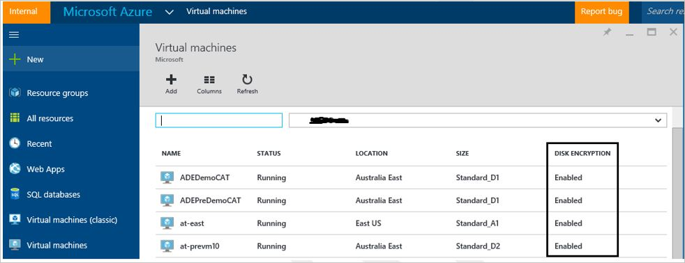 Portail Azure - Chiffrement de disque activé