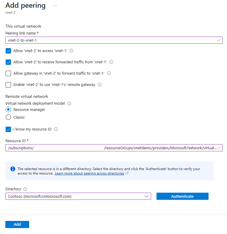 Screenshot of peering from vnet-2 to vnet-1.