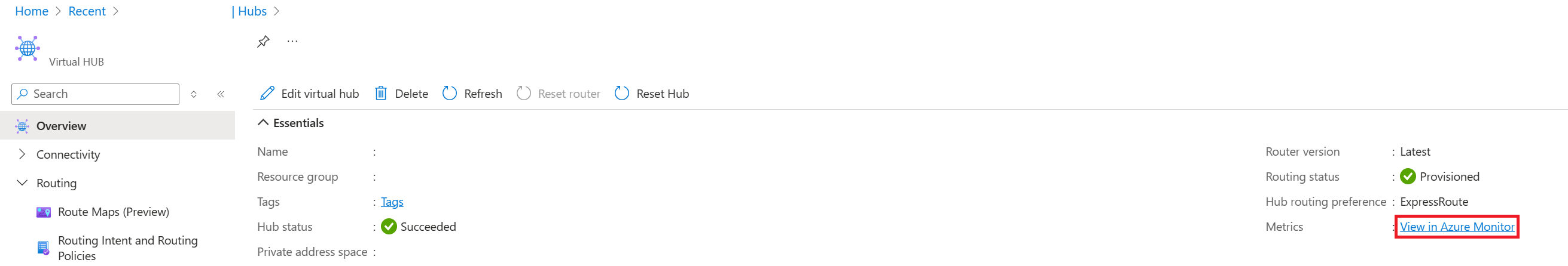 Capture d’écran qui montre la page hub virtuel avec le bouton des métriques.