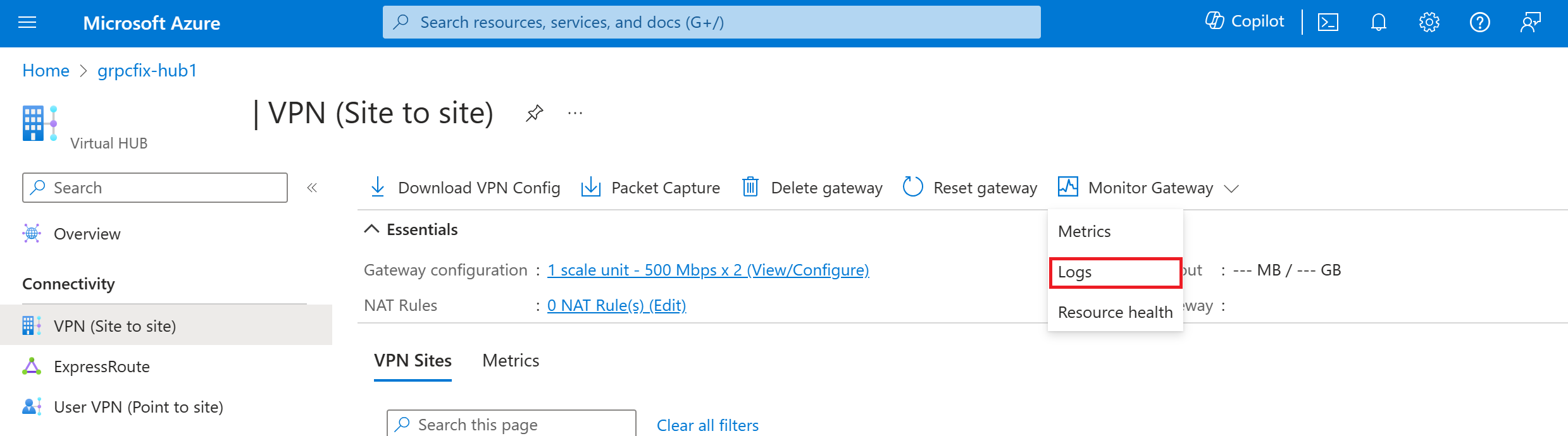 Capture d’écran de la sélection de l’option Afficher dans Azure Monitor pour les journaux.