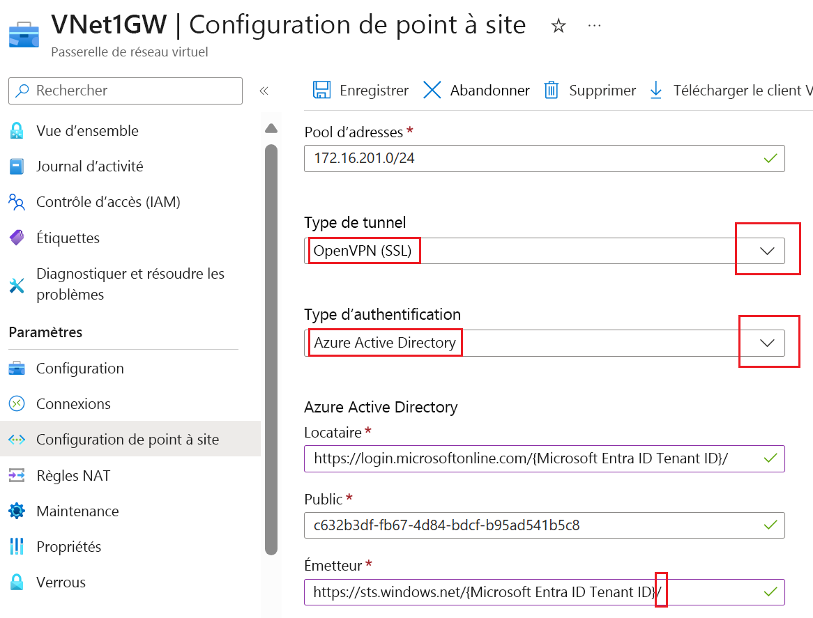 Capture d’écran montrant les paramètres Type de tunnel, Type d’authentification et Microsoft Entra ID.