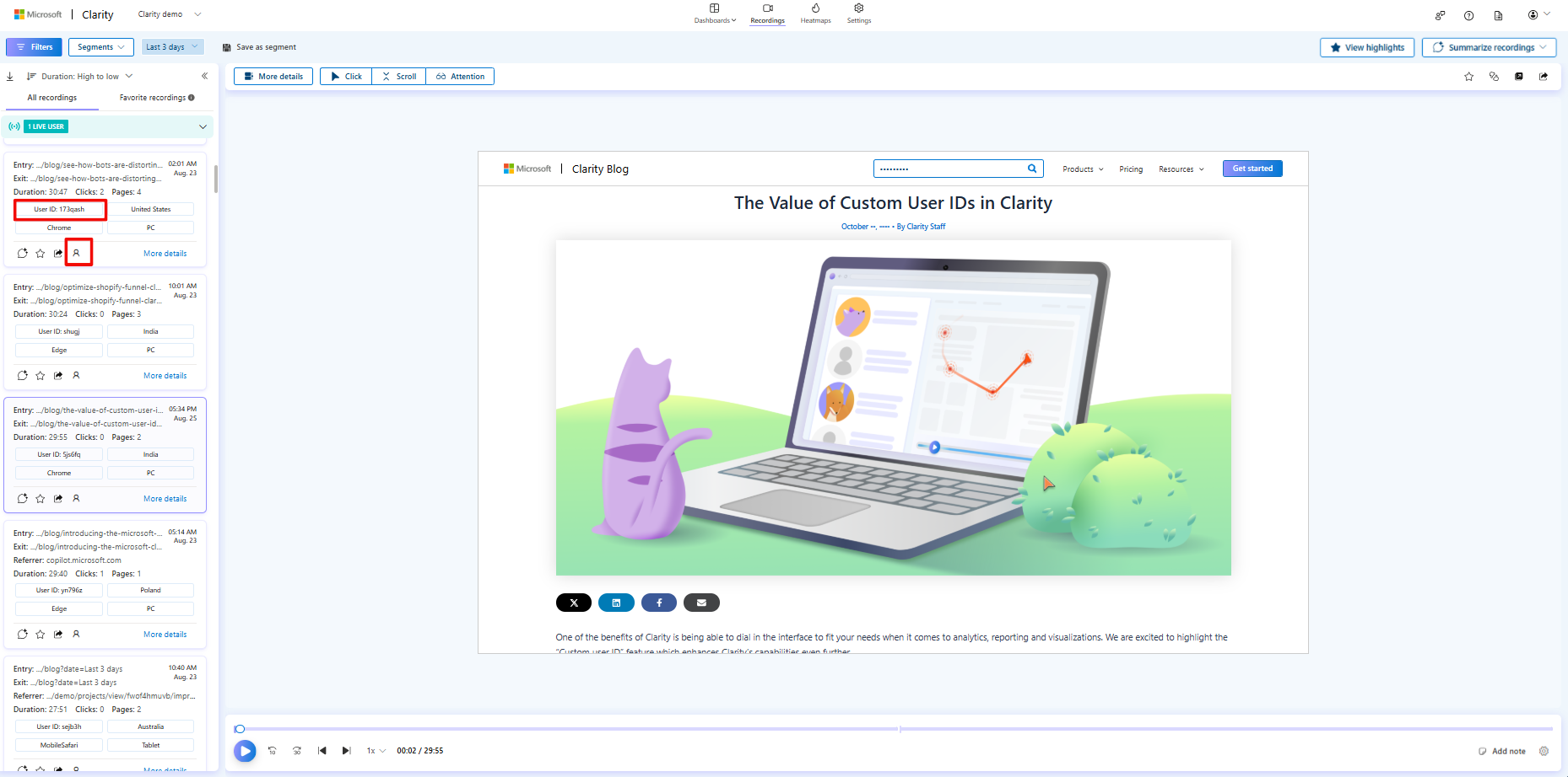 Select user ID in recordings.