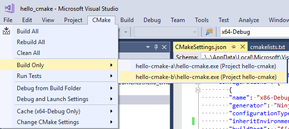 Capture d’écran du menu principal de Visual Studio, ouverte sur C Make Build Only.