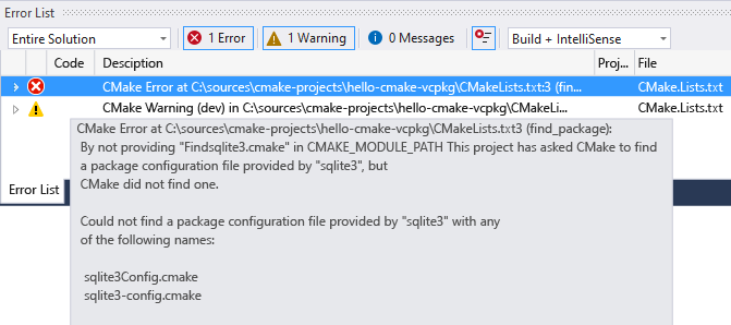Capture d’écran d’une erreur C Make dans la liste d’erreurs Visual Studio.