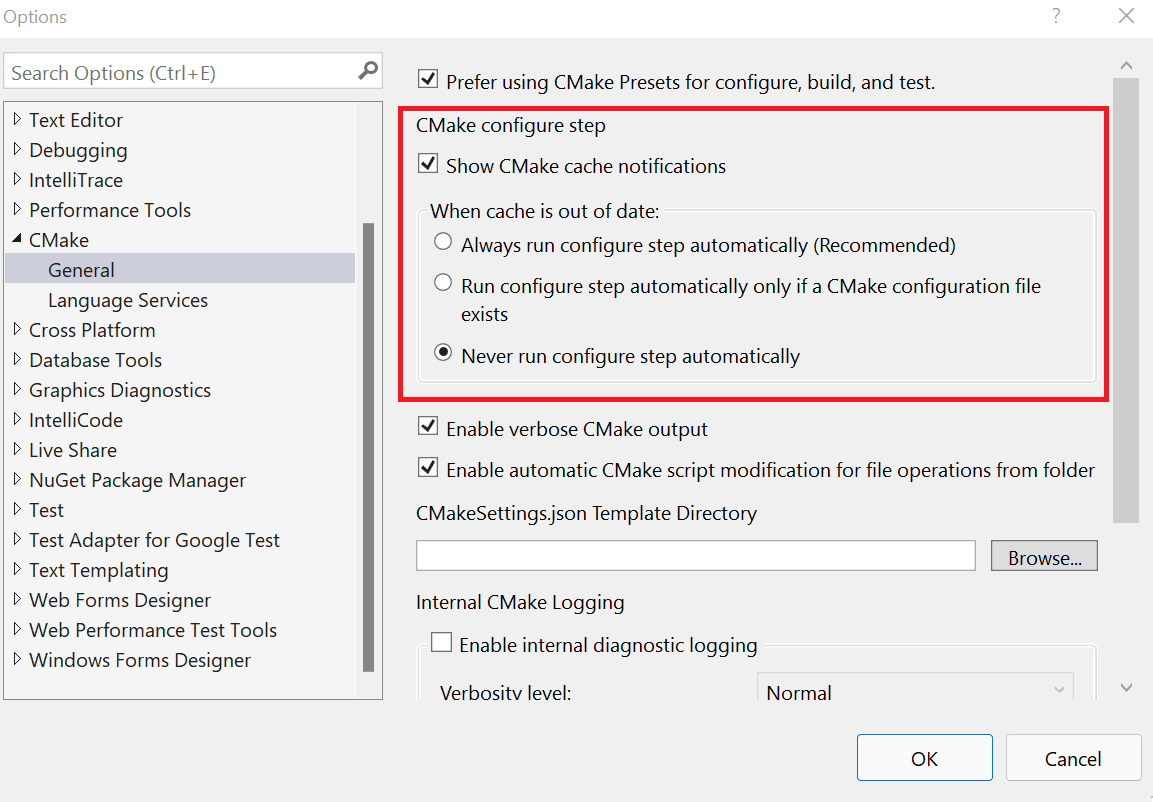 Capture d’écran des options de configuration C Make dans la fenêtre paramètres de Visual Studio.
