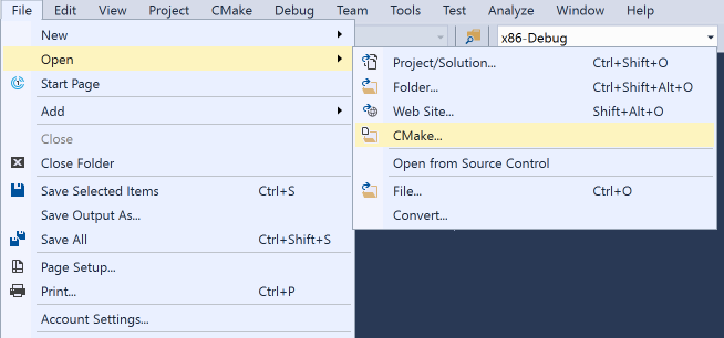 Capture d’écran du menu principal de Visual Studio avec C Make sélectionné.
