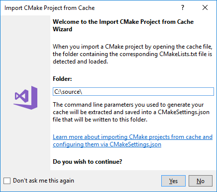 Capture d’écran de l'assistant d'importation du projet CMake depuis le cache. Le chemin d'accès au répertoire du projet CMake à importer doit être saisi dans la zone de texte du dossier.