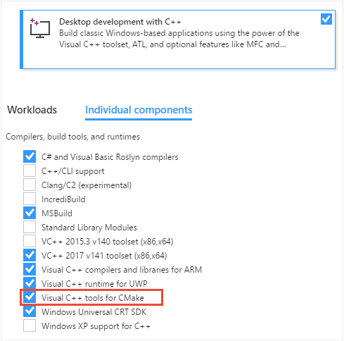 Capture d’écran du programme d’installation de Visual Studio. L’onglet «&nbsp;Composants individuels&nbsp;» est sélectionné, tandis que Visual C plus plus tools for CMake est sélectionné.