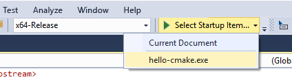 Capture d’écran de la liste déroulante Sélectionner un élément de démarrage pour un projet C Make. Vous pouvez sélectionner le document actuel ou hello-cmake.
