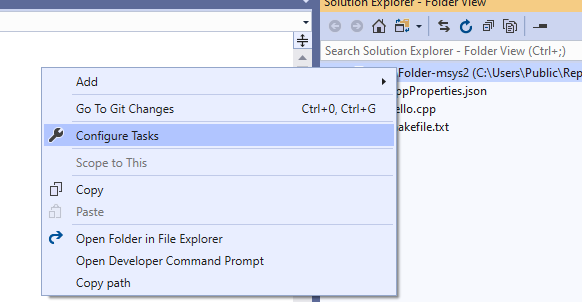 Menu contextuel de l’Explorateur de solutions affichant la commande Configurer les tâches.