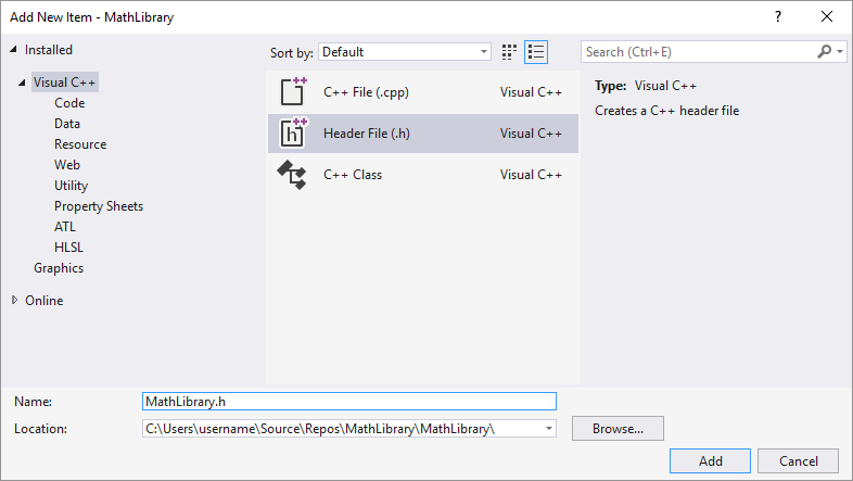 Capture d’écran de la boîte de dialogue Ajouter un nouvel élément avec le modèle de fichier d’en-tête C++ sélectionné et MathLibrary.h entré dans la zone de texte Nom.