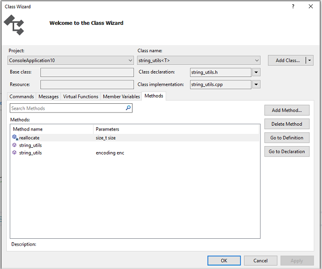 Capture d’écran de la boîte de dialogue Assistant Classe C++.