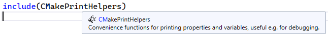 Capture d’écran d’IntelliSense expliquant C Make Print Helpers.