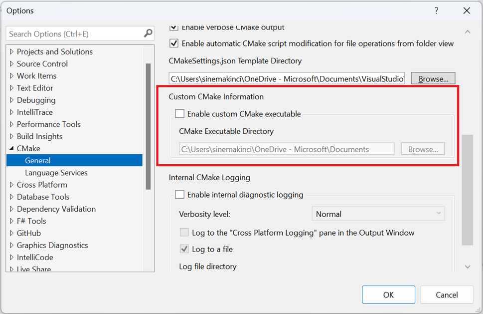 Capture d'écran de la boîte de dialogue des options CMake