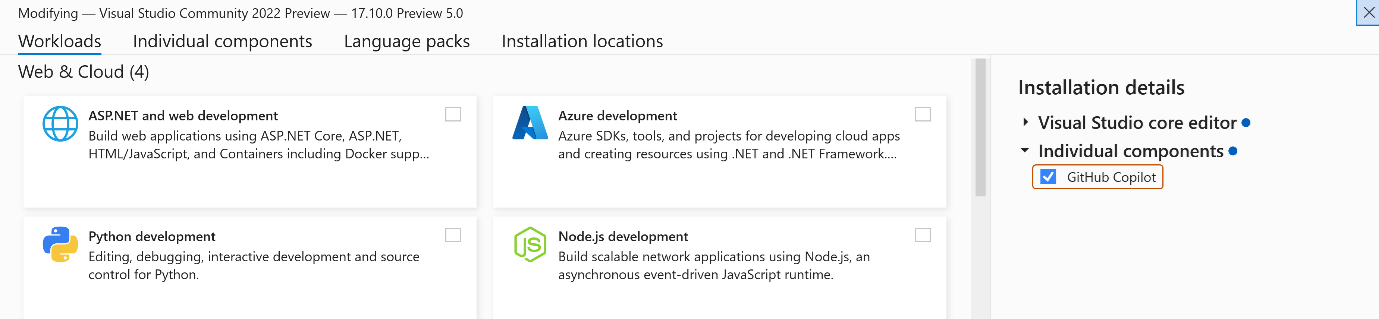 Capture d'écran de l'option d'installation de Visual Studio Installer GitHub Copilot.