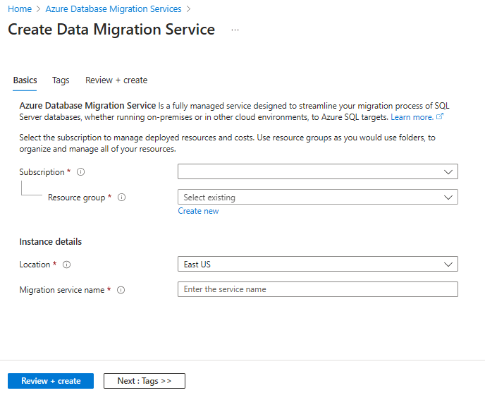 Capture d’écran montrant les détails de l’entrée requis par le Database Migration Service.