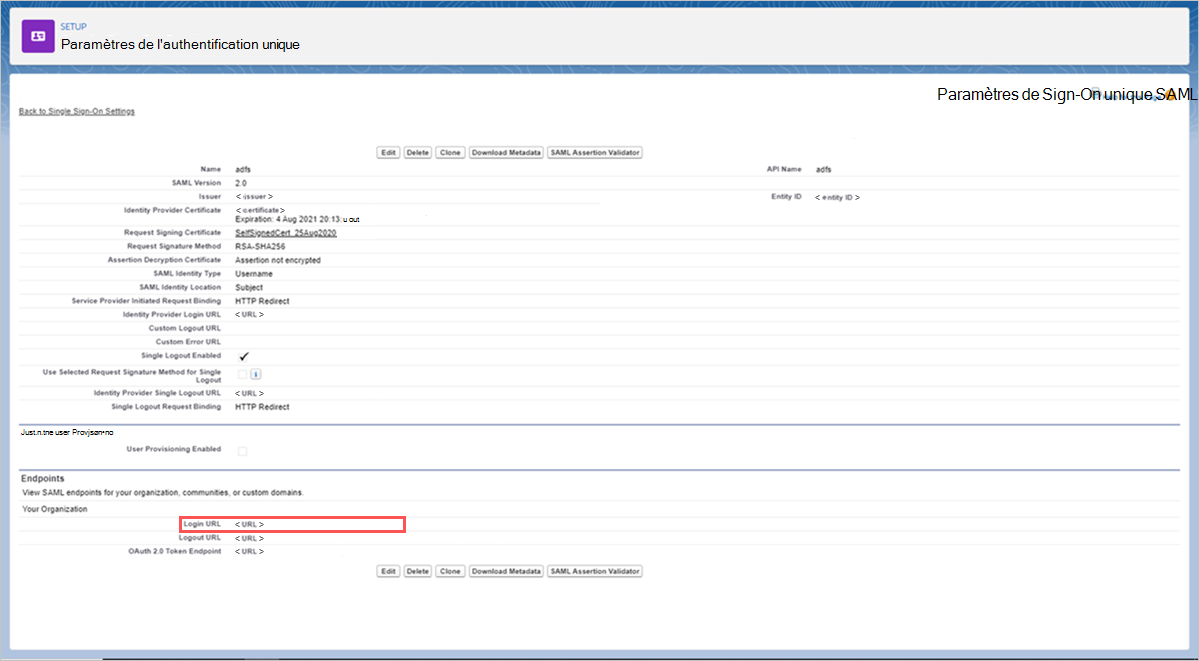 Sélectionnez l’URL de connexion salesforce SSO.