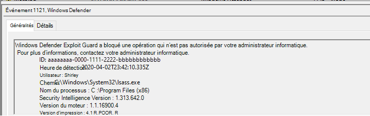 Capture d’écran du blocage du vol d’identifiants depuis LSASS.
