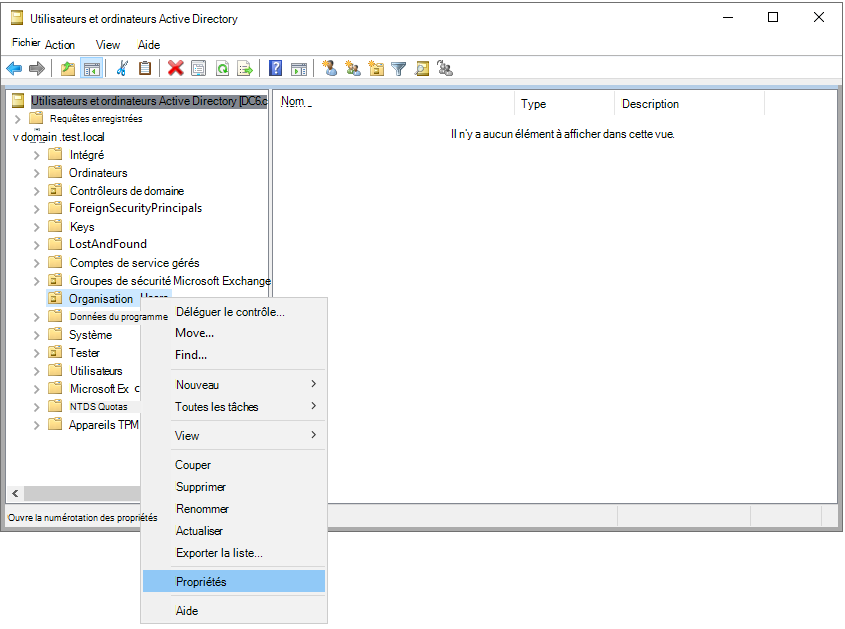 Capture d’écran de la sélection des propriétés de domaine ou d’unité d’organisation.