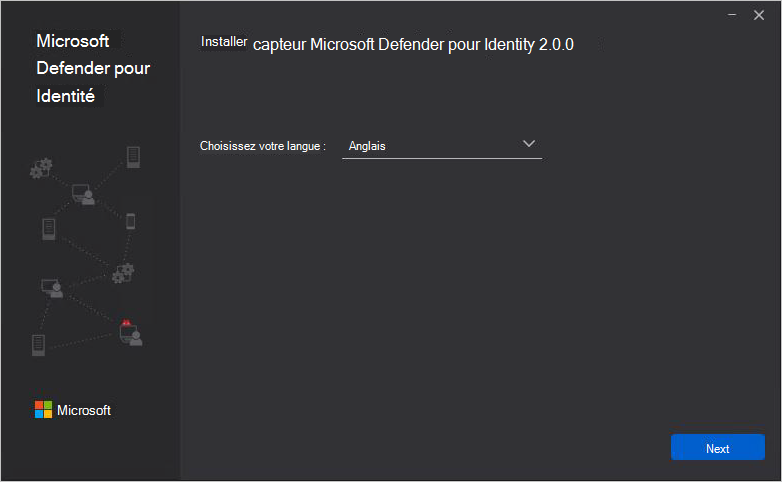 Capture d’écran montrant la sélection de la langue d’installation du capteur autonome Defender pour Identity.