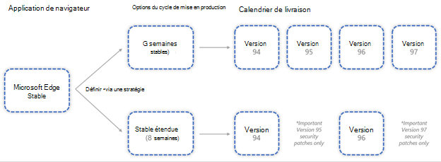 Exemple comparant les options de cycle de mise en production Stable et Stable étendu de Microsoft Edge.