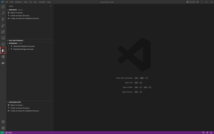 Capture d’écran de Visual Studio Code montrant comment se connecter aux outils Azure.
