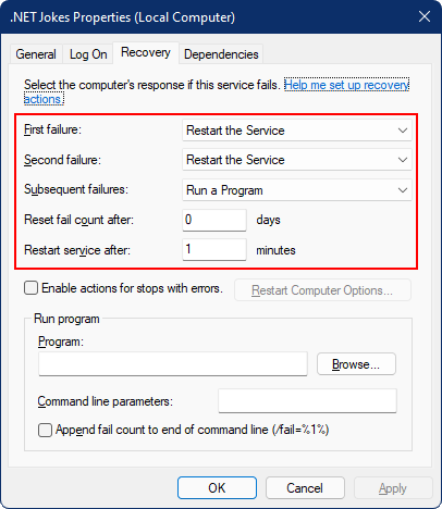 Boîte de dialogue des propriétés de configuration de récupération du service Windows avec redémarrage activé.