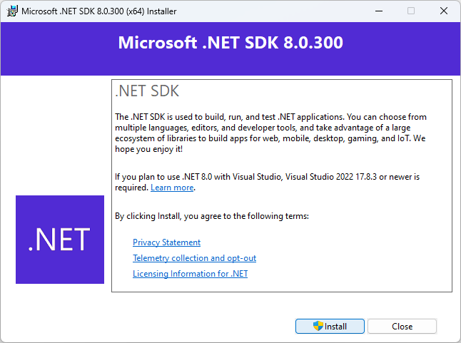 Capture d’écran de la fenêtre d’application du programme d’installation MSI de .NET.
