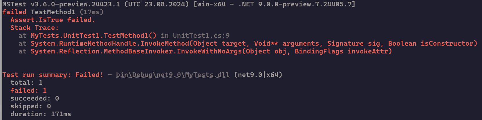 Sortie avec 1 test échoué et un résumé