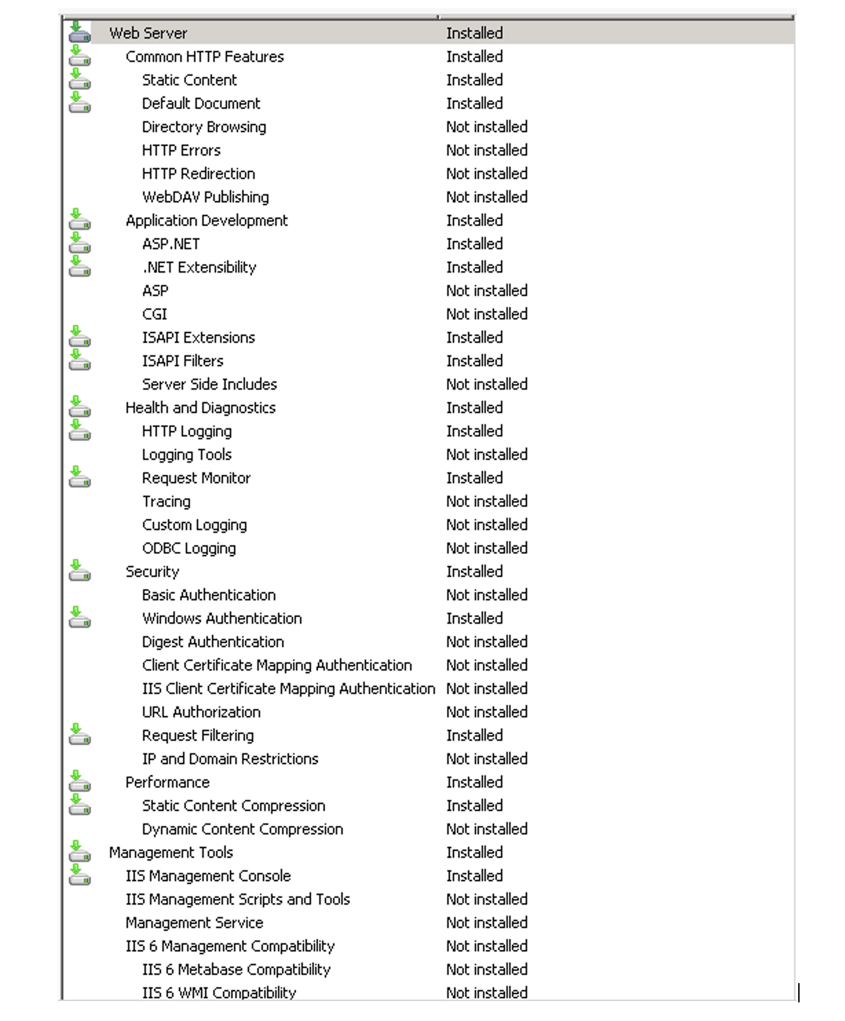Screenshot of the Web Server installation window listing the installed and not installed components.