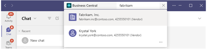Rechercher des contacts Business Central à partir de la boîte de commande dans Teams.
