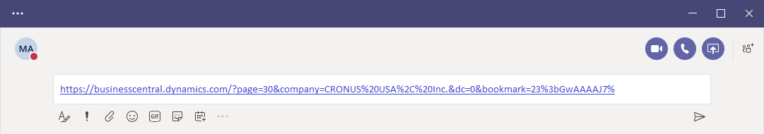 Collez l’URL de Business Central dans Teams.