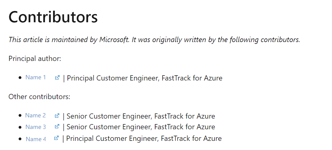 Capture d’écran d’une section exemple de contributeurs, montrant l’auteur principal plus trois contributeurs listés avec des liens vers leurs profils LinkedIn.