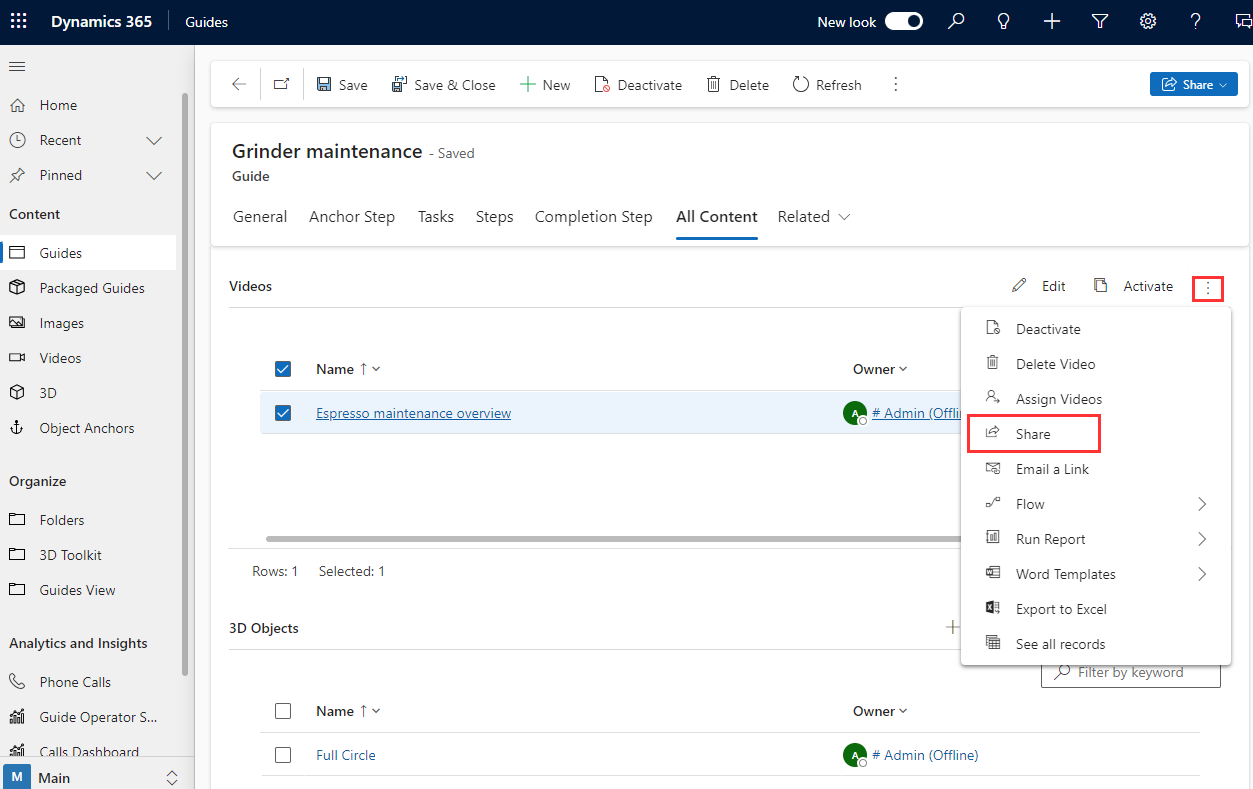 Capture d’écran de l’onglet Tout le contenu dans l’application pilotée par le modèle Guides avec la vidéo sélectionnée et la commande Partager mise en surbrillance.