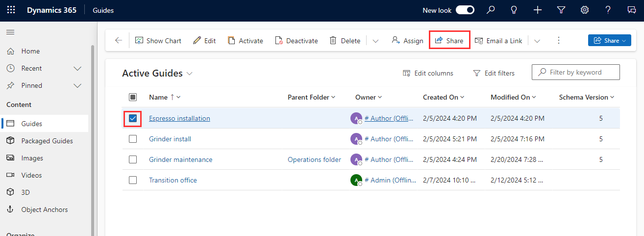 Capture d’écran montrant un guide sélectionné et le bouton Partager mis en surbrillance.