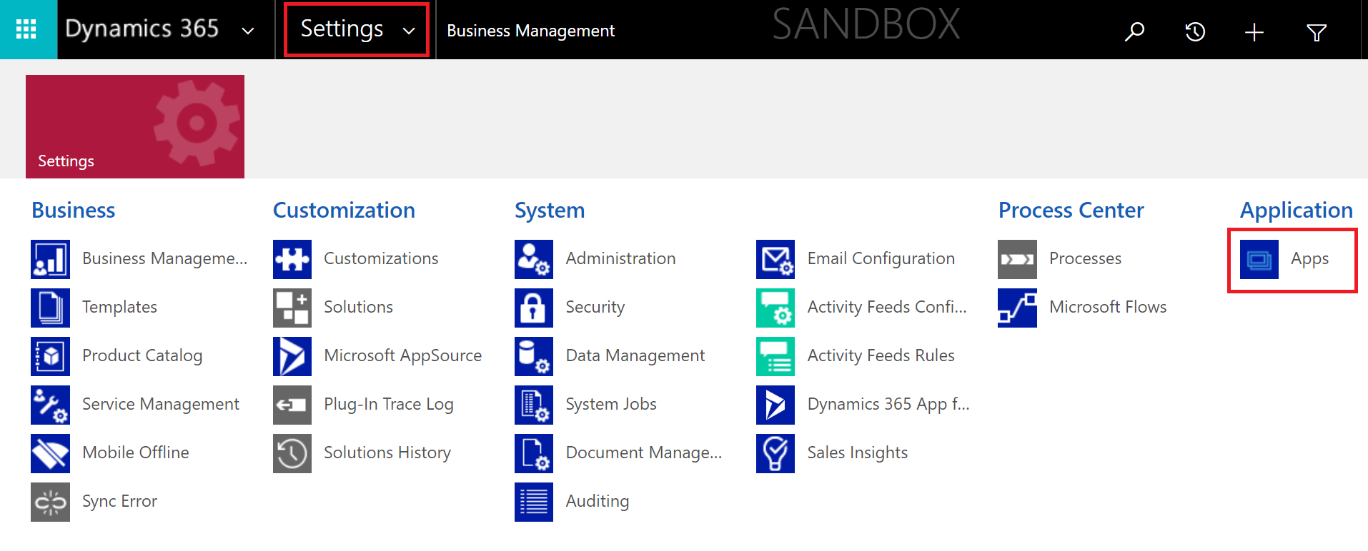 Capture d’écran de l’environnement Dynamics 365