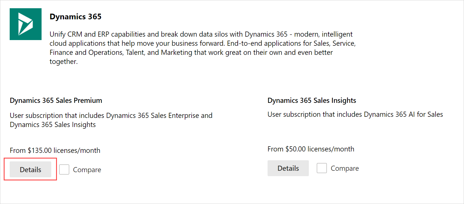 Capture d’écran de la page de licence Dynamics 365 Sales Premium, avec le bouton Détails en surbrillance.