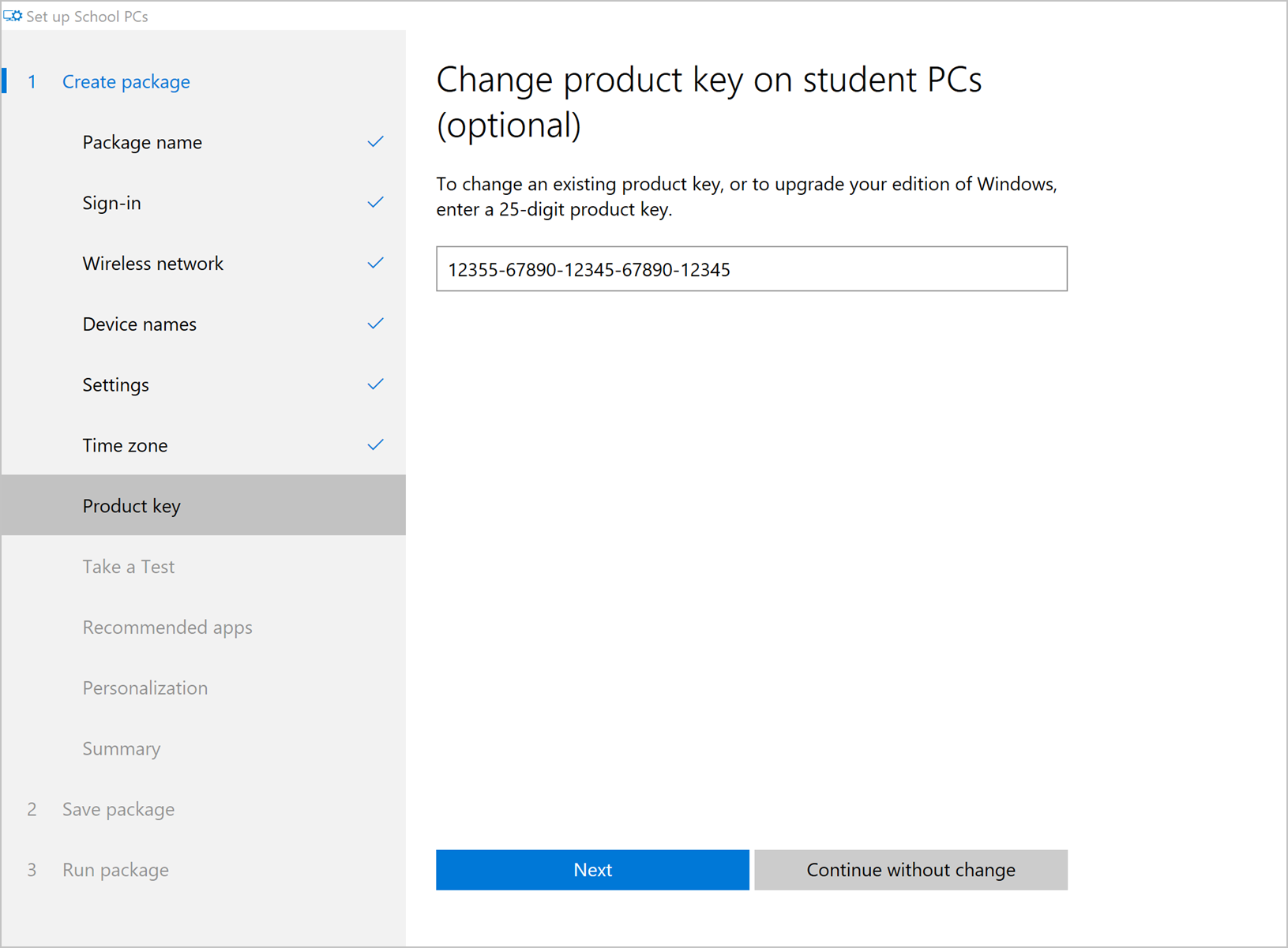 Exemple de capture d’écran de l’application Configurer l’application PC scolaire, écran Clé de produit, montrant un champ de valeur, le bouton Suivant et l’option Continuer sans modification.