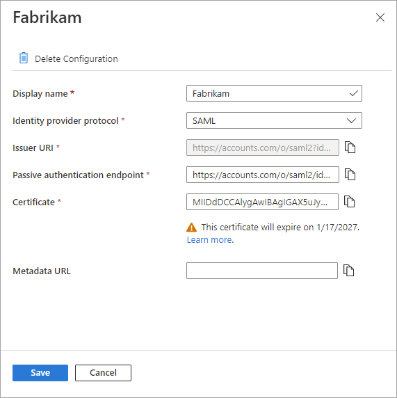 Capture d'écran des informations de la configuration IDP.