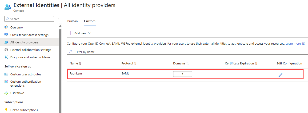 Capture d’écran montrant la liste des fournisseurs d’identité SAML/WS-Fed avec la nouvelle entrée.