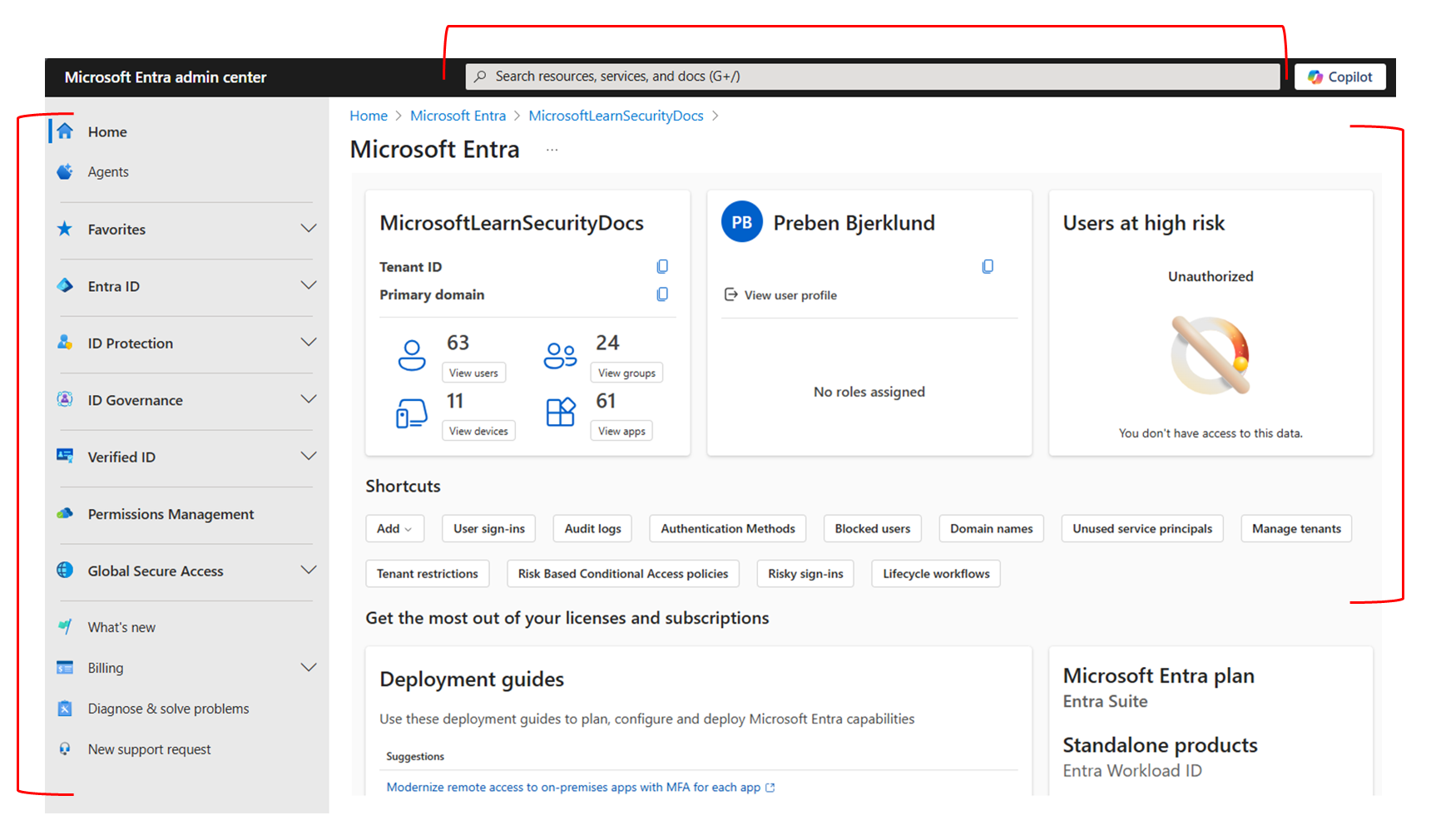 Capture d’écran de la page d’accueil de la vue d’ensemble du centre d’administration Microsoft Entra.