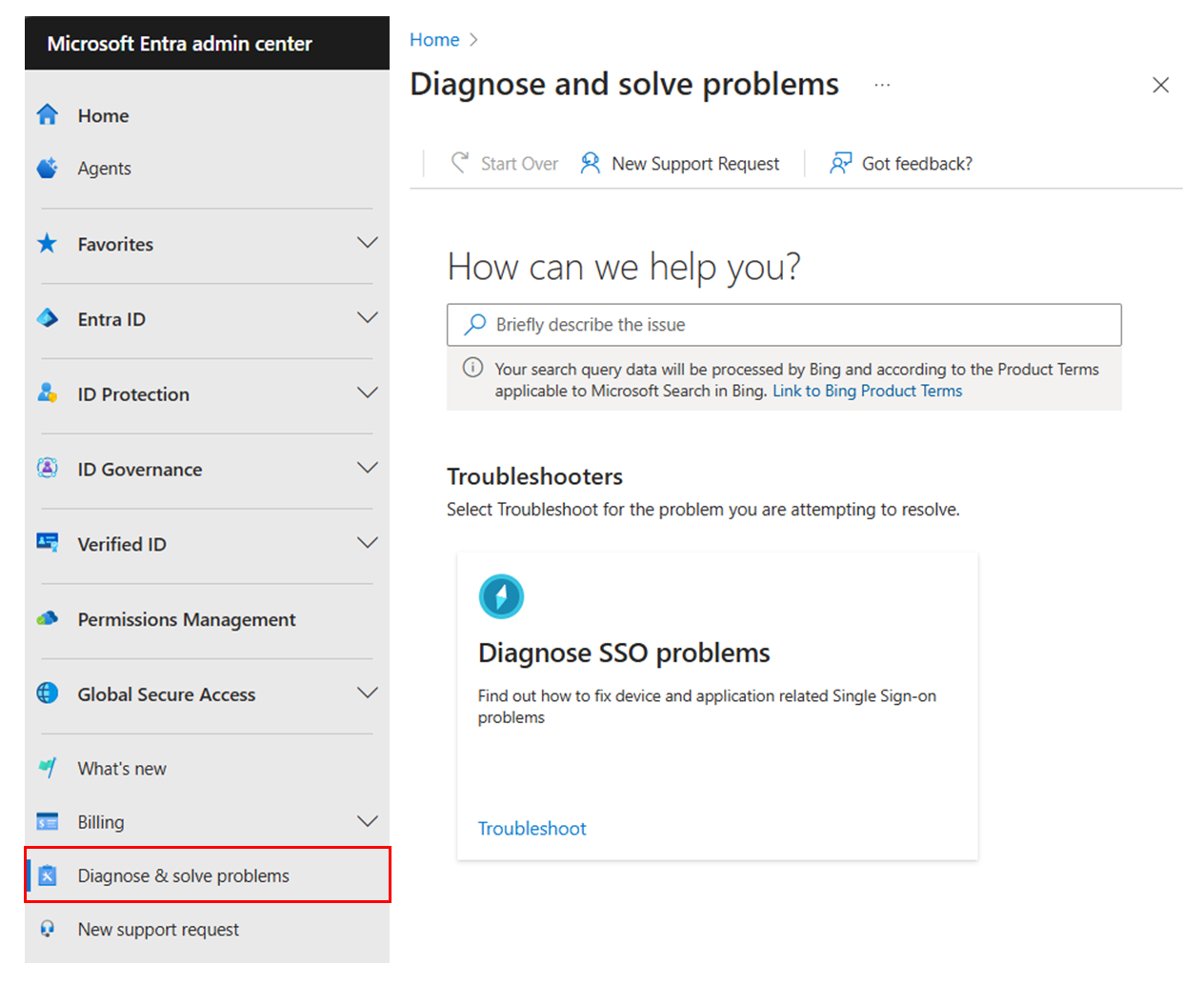 Capture d’écran du menu Diagnostiquer et résoudre les problèmes du Centre d’administration Microsoft Entra.