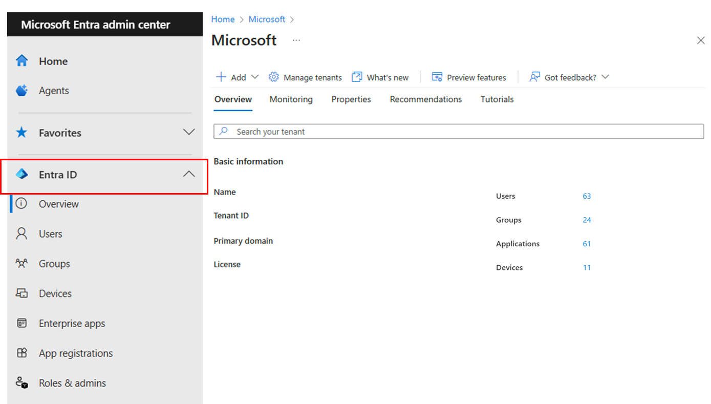Capture d’écran du menu Identité du Centre d’administration Microsoft Entra.