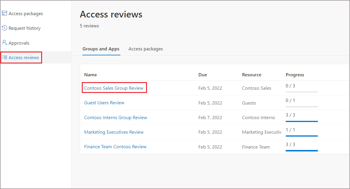 Capture d’écran de la liste de révisions d’accès en attente pour les applications et les groupes.