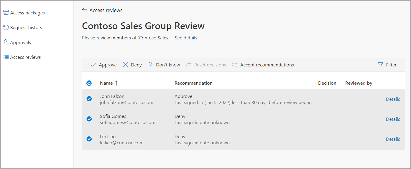 Capture d’écran de la révision d’accès ouverte répertoriant les utilisateurs à réviser.
